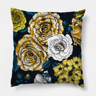 Yellow, white and bi-color roses with blue leaves on black Pillow