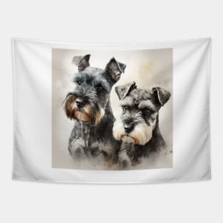 Two Miniature Schnauzers Playing Watercolour Painting Tapestry