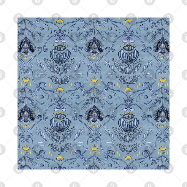 Damask Pattern of Folk Flowers on Deep Blue by paintingbetweenbooks