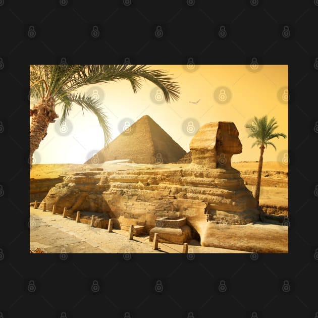 Sphinx and pyramid in Egyptian desert by BokeeLee