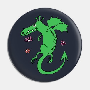 cute happy dragon - green with flowers Pin