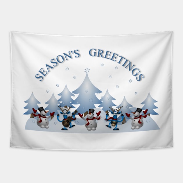 Season's Greetings Winter Scene with Snowmen and Reindeer Tapestry by Jarecrow 