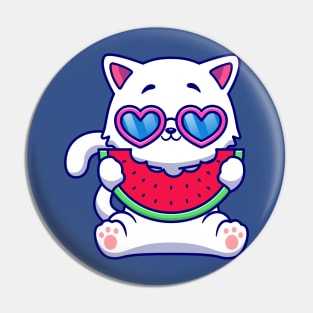 Cute Cat Eating Watermelon Fruit Cartoon Pin