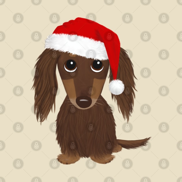 Longhaired Chocolate Dachshund with Santa Hat Cute Dog Christmas by Coffee Squirrel