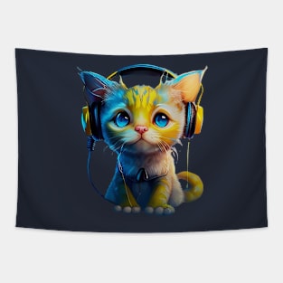 Cute kitty with headphones on Tapestry