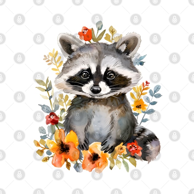 Summer Flowers Raccoon Watercolor by beangeerie