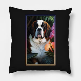 Saint Bernard Dog Vibrant Tropical Flower Tall Digital Oil Painting Portrait Pillow