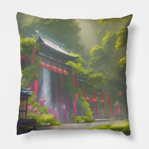 Japanese Torii Gate in a Fantasy Forest Pillow by cocorf