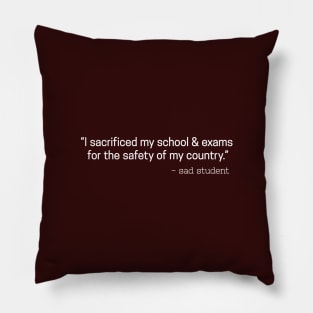 I sacrificed my school and exams for the safety of my country - sad student.. Sarcastic Quote Pillow