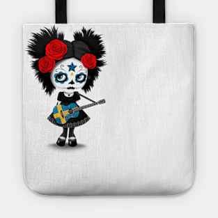 Sugar Skull Girl Playing Swedish Flag Guitar Tote