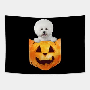 White Bichon Frise Dog In Pumpkin Pocket Halloween Tapestry