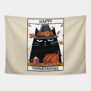 Happy Thanksgiving card in cartoon style with cat for Happy celebration Tapestry