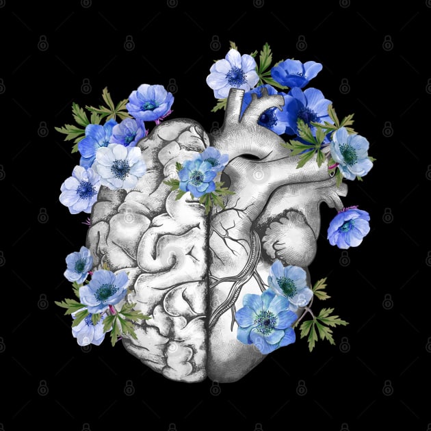 Right balance between head or brain and heart, Half heart and brain, blue anemones flowers anemoneus by Collagedream