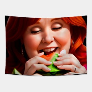 Redhead girl who loves watermelon Tapestry