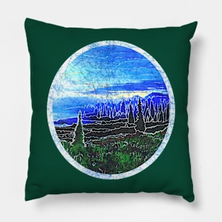 Batik style mountain landscape evergreen trees art design Pillow