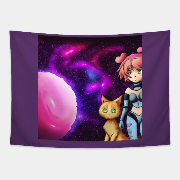 Anime Girl and Cat in Space Tapestry by Starbase79