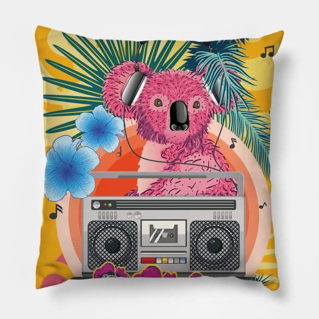 Pink koala with boombox Pillow by AnnArtshock