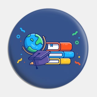 Globe, Graduation Hat And Books Cartoon Pin