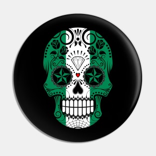 Nigerian Flag Sugar Skull with Roses Pin