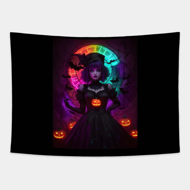 Halloween Spooky Neon Black Magic Witch Tapestry by TrendyTees