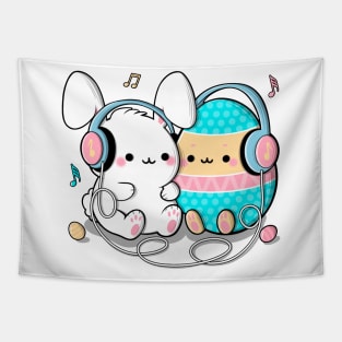 Cute bunny and big egg illustration with headphones listening to music, Best friends clipart Tapestry