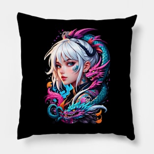 Anime girl with dragon pets Japanese art retro Pillow