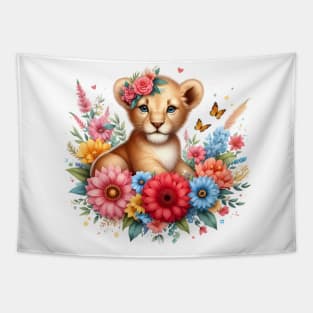 A baby lion decorated with beautiful colorful flowers. Tapestry