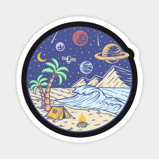 Camping under the moon and Planets - hand drawn Magnet