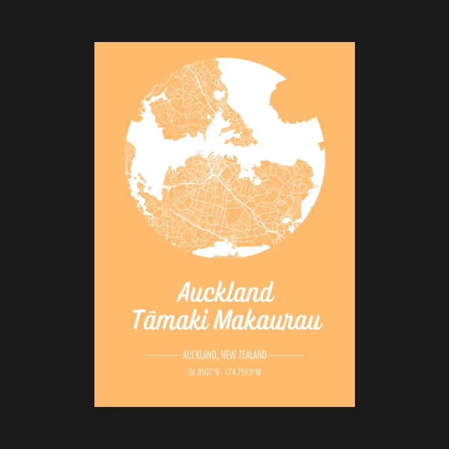 City map in golden yellow: Auckland Tamaki Makaurau, New Zealand with retro vintage flair by AtlasMirabilis