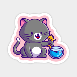Cute Cat Catching Fish In Aquarium Cartoon Magnet
