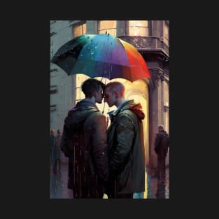 2 men, the rain, and a rainbow umbrella T-Shirt