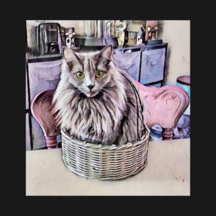 Grey Green Eyed Cat In Basket T-Shirt
