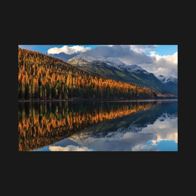 Mountain Peaks Reflect Into Bowman Lake In Autumn Glacier National Park by HammiltenJohn