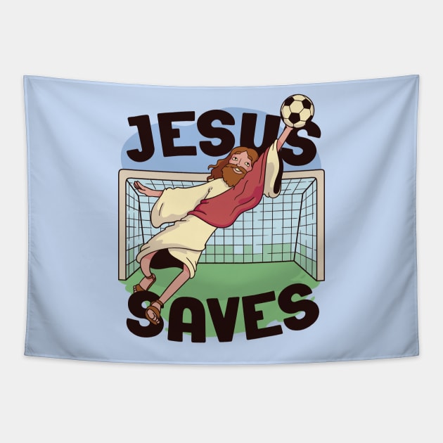 Funny Jesus Saves Holy Goalie // Christian Humor Jesus Joke Tapestry by Now Boarding