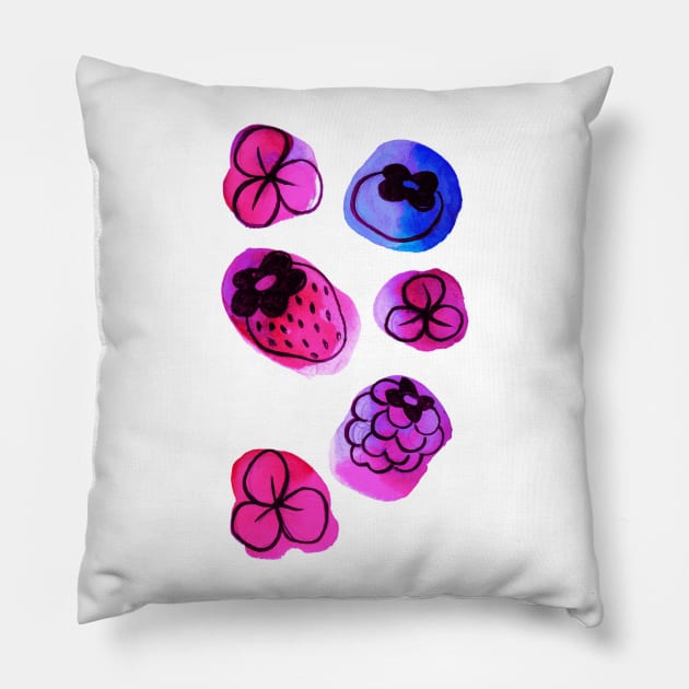 Berries and Flowers Watercolor Pillow by saradaboru