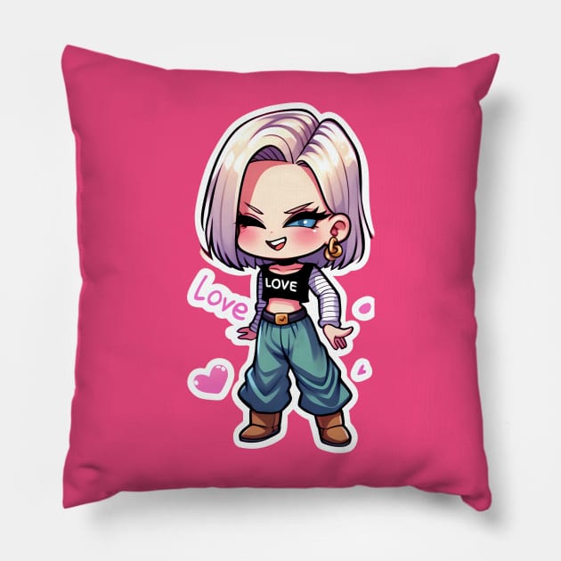 Cute Contrasts: Chibi Android 18 Sticker Pillow by diegotorres