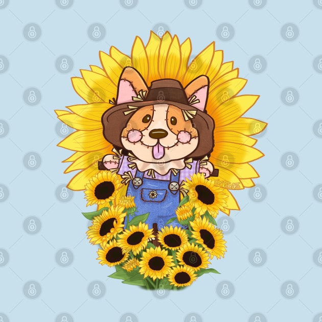 Corgi Scarecrow in the Sunflower Field by SPufferARTs