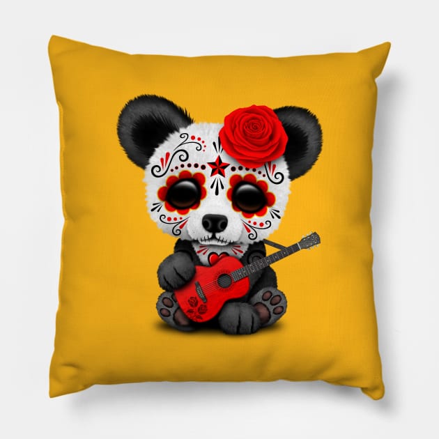 Red Sugar Skull Panda Playing Guitar Pillow by jeffbartels