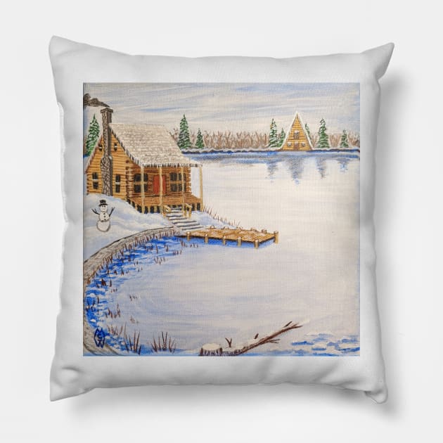 Cabin at the Lake in the Winter Season Pillow by Matt Starr Fine Art