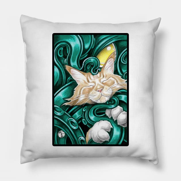 Ginger Cat And Cthulhu Friend - Black Outlined Version Pillow by Nat Ewert Art