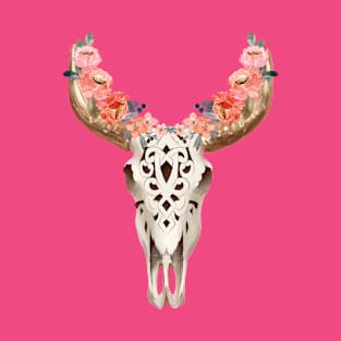 ARTISTIC SCROLLWORK COW SKULL WITH HORNS AND FLOWERS T-Shirt