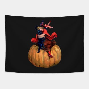 vintage halloween witch and black cat on pumpkin Tapestry