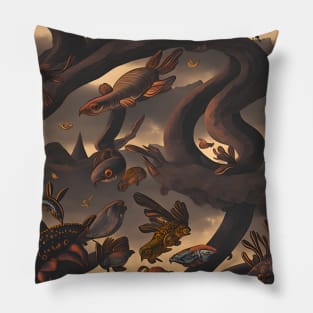 Metamorphosis Skies: A Surreal Landscape of Birds, Fish, and Reptiles in Transformation Pillow