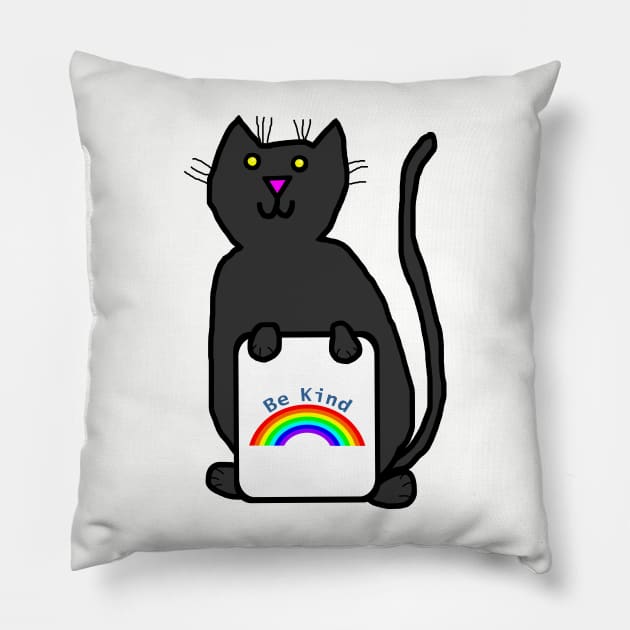 Cute Cat says Be Kind with Rainbow Pillow by ellenhenryart