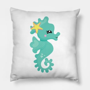 Cute Seahorse, Green Seahorse, Starfish, Hearts Pillow