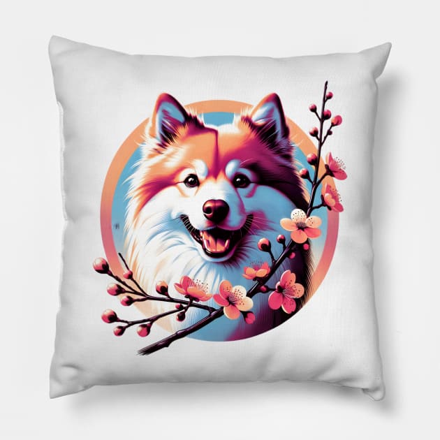 Joyful Finnish Spitz with Spring Cherry Blossoms Pillow by ArtRUs