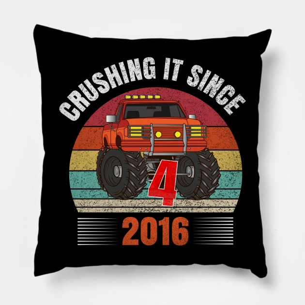 4th Birthday Crushing it Since 2016 Monster Truck Gift Kids Pillow by madani04