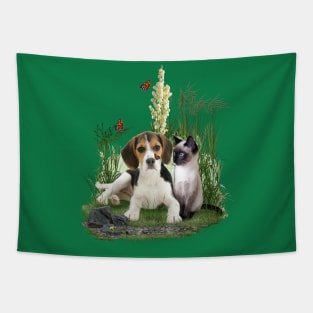 Cute Beagle Puppy & Siamese Kitten & Butterflies Tapestry