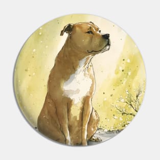 A pitbull terrier on a snowy winter's day Pin