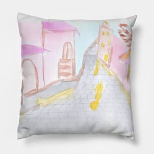 cityscape, city, landscape, background, street, road, architecture, house, houses, watercolor, hand-drawn, illustration, design Pillow